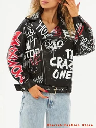 Women Autumn Winter Faux Soft Leather Jackets Coats Lady White Black PU Rivet Zipper Epaulet 3D Print Motorcycle Streetwear