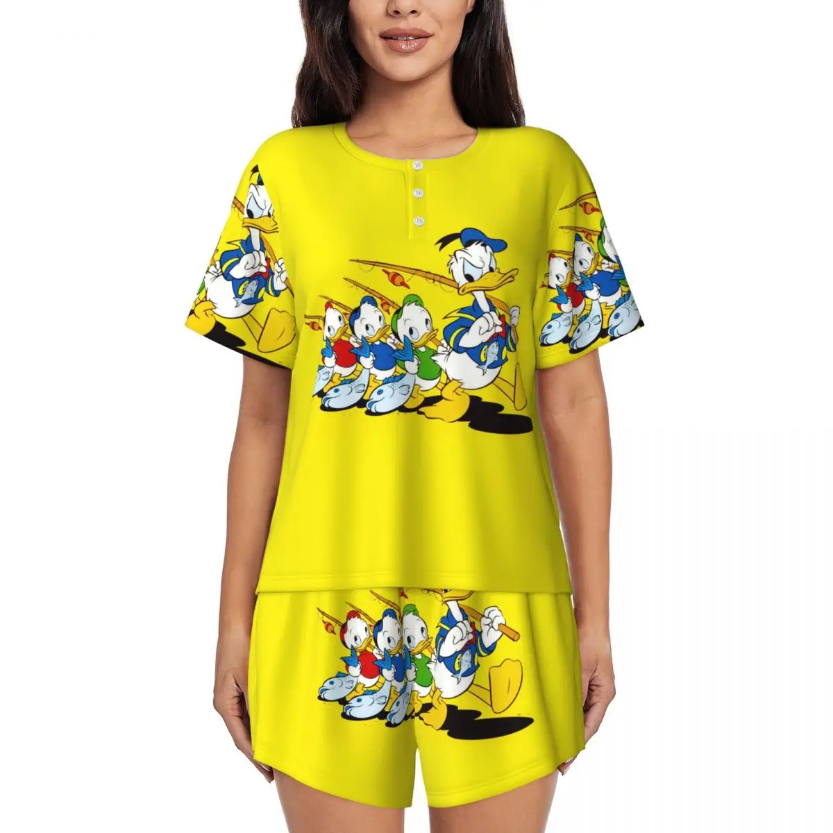 

Custom Printed Women Cartoon Donald Duck Pajamas Set Short Sleeve 2 Piece Sleepwear Pjs Lounge Sets