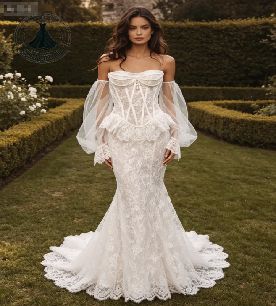 Victorian Garden Mermaid Wedding Dress With Detachable Sleeve Elegant Pearls Bohemian Bridal Gowns Corset Lace Celtic Customized