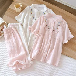 Spring and summer 2024 new women's pajama suit 100% cotton crepe short-sleeved capris embroidered round-neck household clothes