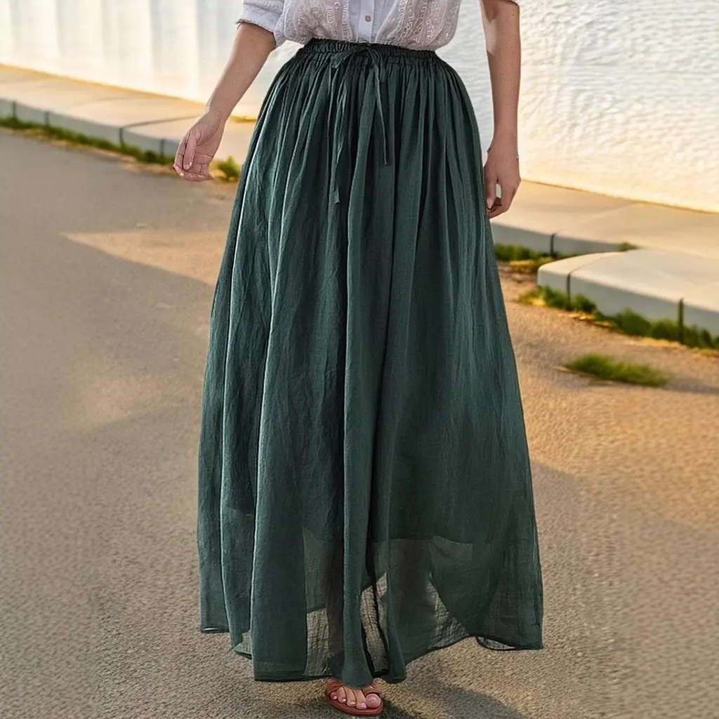

Women's Solid Color Cotton Linen Skirt Casual Multicolor Large Swing Dress Independent Station New