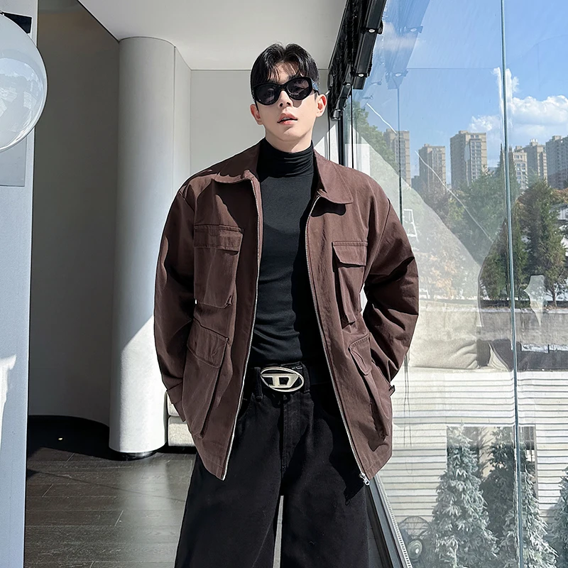 

Retro Workwear Jaet for Men with Stand Collar And kets Loose Fit Youthful Sle Cotton Nylon Blend Four Seasons Wear