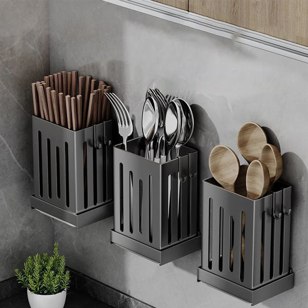 Cutlery Holder Wall Mounted Kitchen Drying Rack Cutlery Holder With Drip Tray Efficient Drainage Multifun Chopsticks Bucket