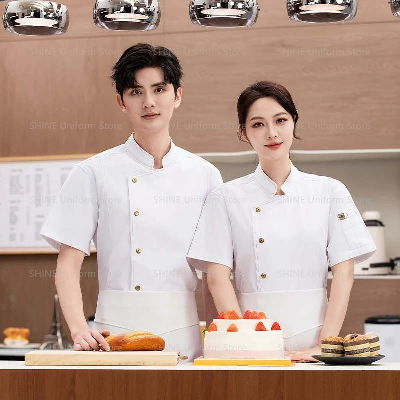 Uniforme de Chef de manga corta para hombre, chaqueta de Chef de malla transpirable con delantal, abrigo de Chef de cocina para restaurante, ropa de trabajo negra para mujer con logo