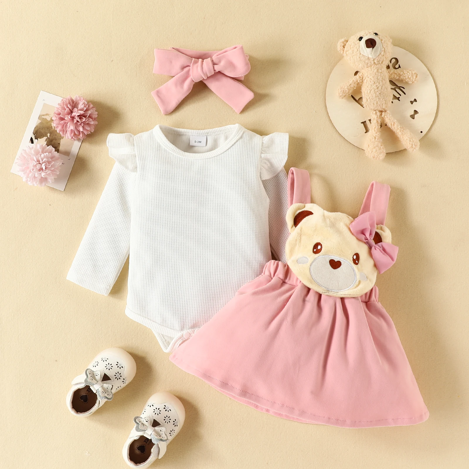 Autumn and Winter Baby Girl Solid Color Long sleeved Sweatshirt Cute Little Bear Embroidered Backband Skirt Three Piece Set