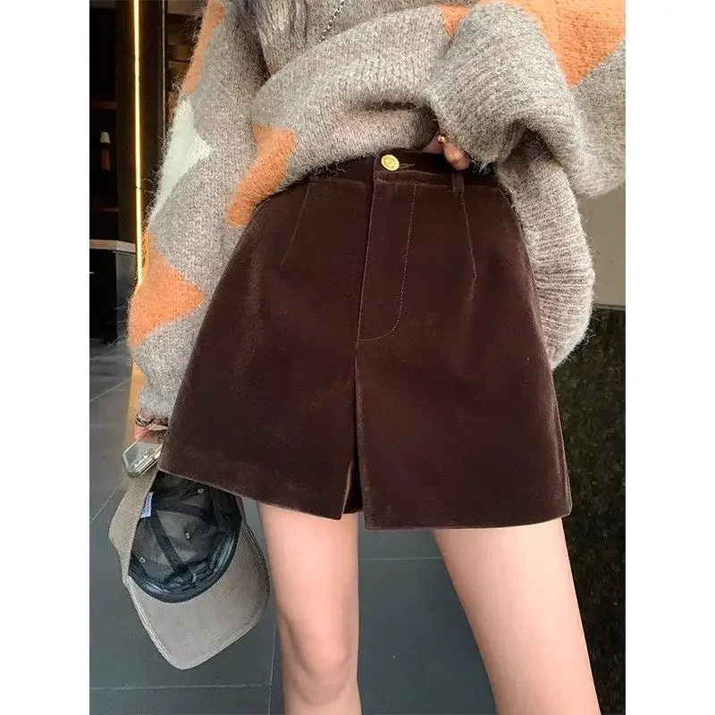 Coffee Colored Velvet Shorts for Women's Autumn and Winter New Style High Waist for Slim A-line Wide Leg Bottom Casual Shorts