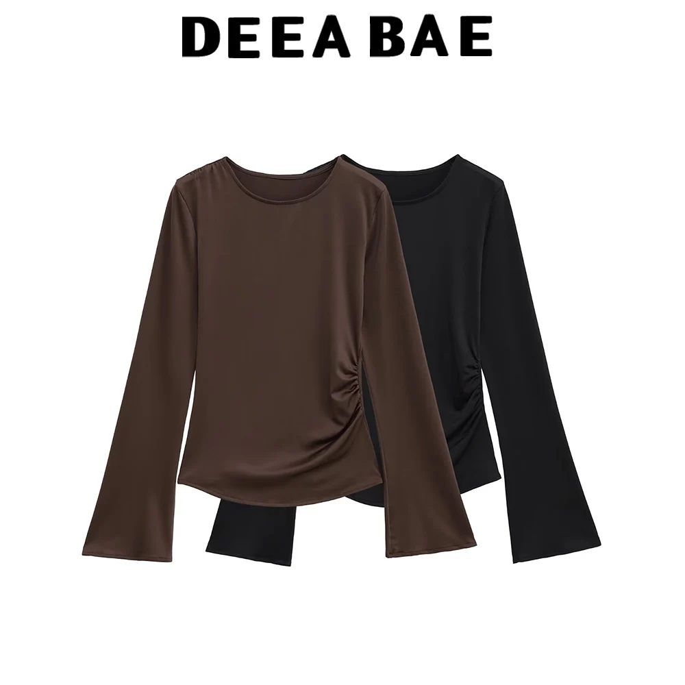

DEEABAE Round neck shoulder long sleeved T-shirt for autumn slim fit inner layer bottom layer design sense short pleated top