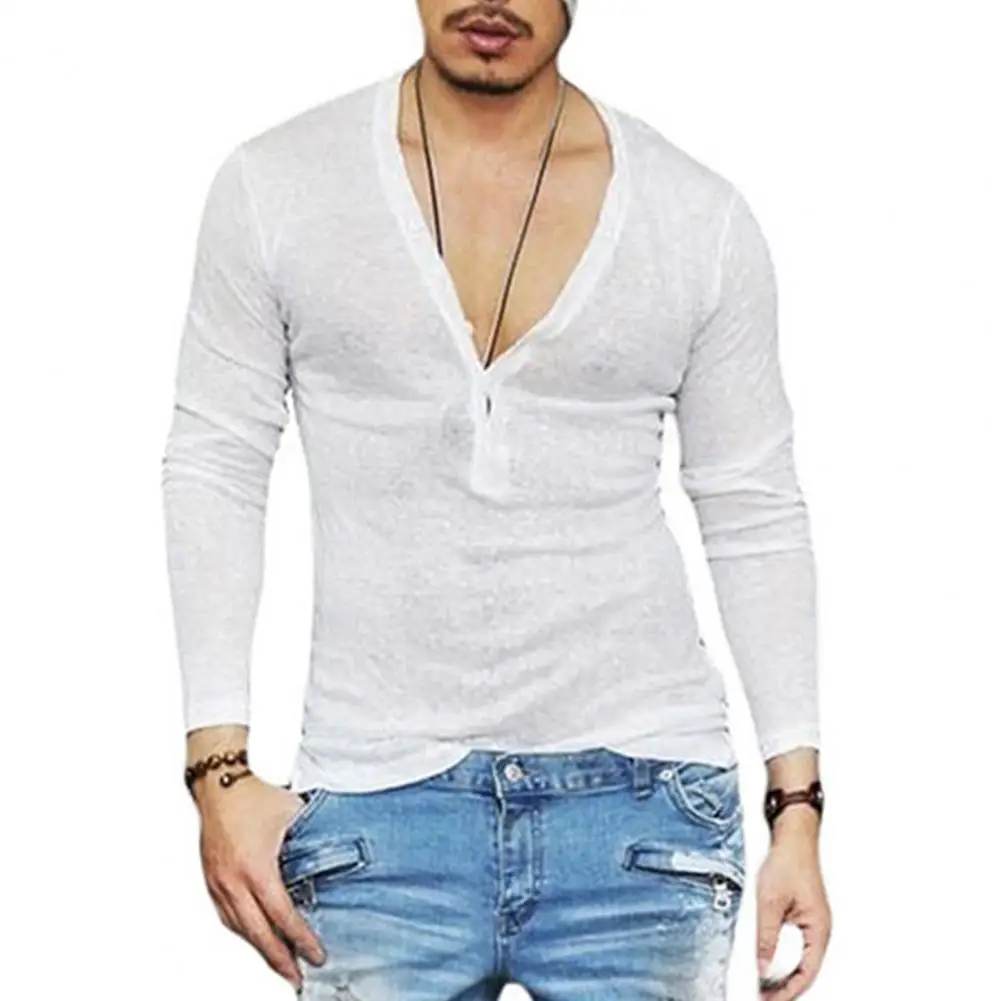 Men Breathable Tops Casual T-shirt V-neck Buttons Half Placket Long Sleeve Tee Shirt Solid Slim Fit Regular Style shirts for man
