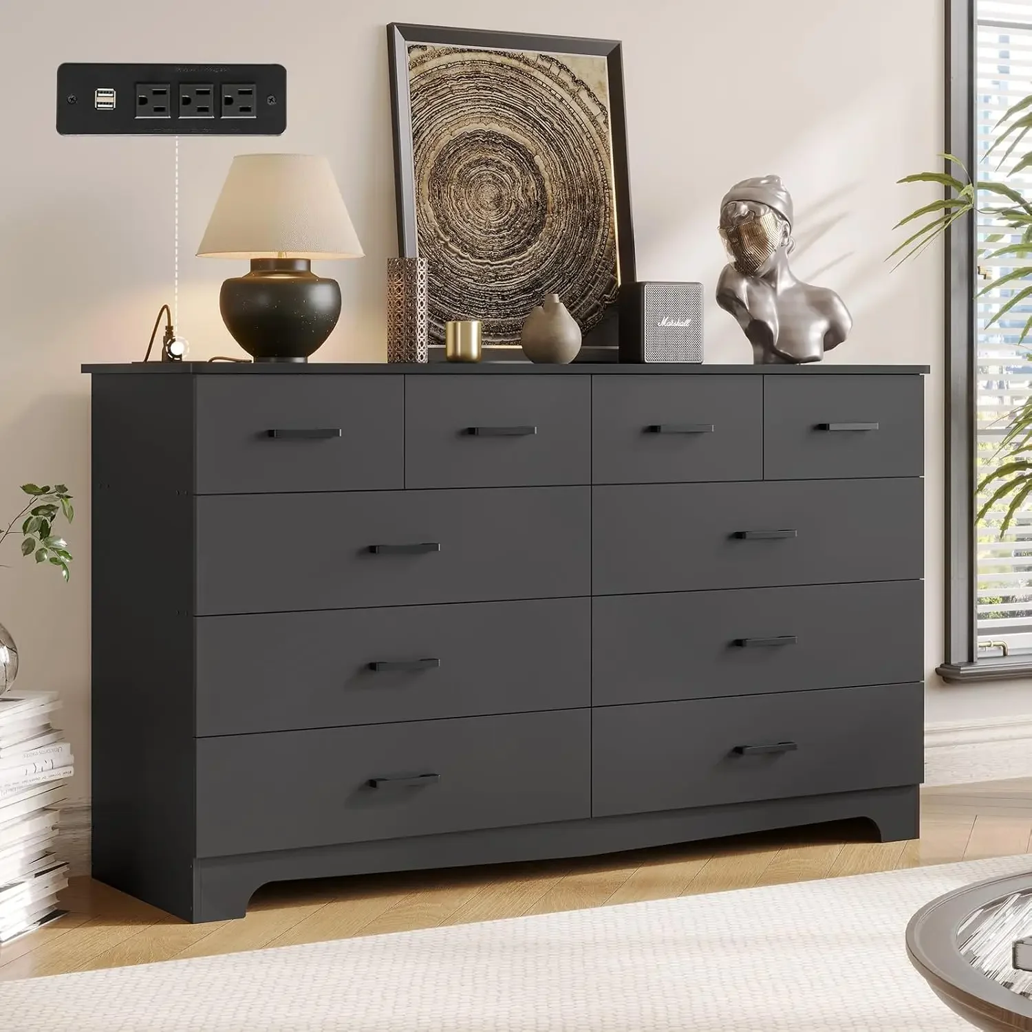 Black Dresser for Bedroom with 10 Drawers, Large Chest of Drawers Storage Organizer, Long Dresser TV Stand with Power Outlets, W