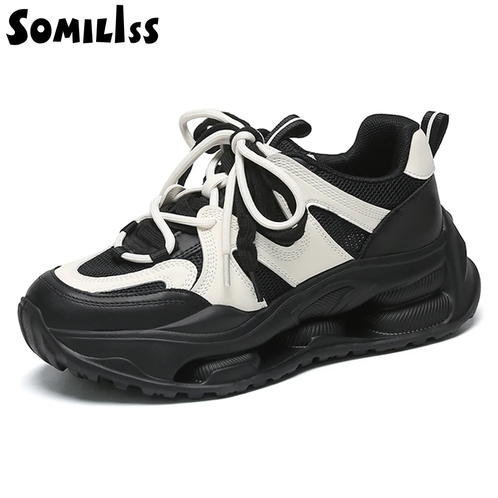 

SOMILISS Genuine Leather Mesh Women's Chunky Sneakers Round Toe Lace Up Ladies Breathable Soft Platform Casual Shoes Handmade