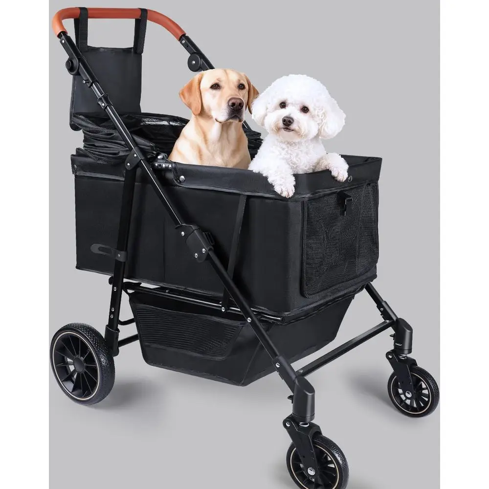 

Adjustable Handle Pet Stroller for Large and Medium Dogs, 20-132 lbs, with Sun Shades, Storage, and Ventilation, Black