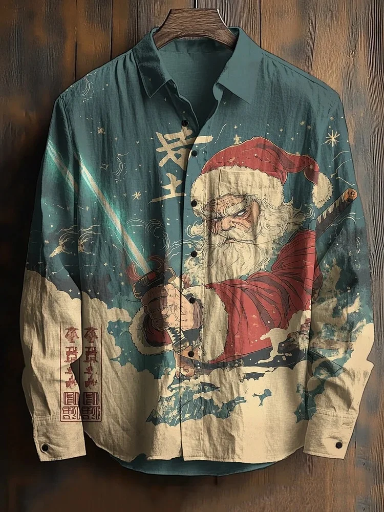Men's Santa Claus Holding A Lightsaber Print Long Sleeve Shirt Vintage Lapel Collar Buttons Holiday Christmas Day Tops Tunics