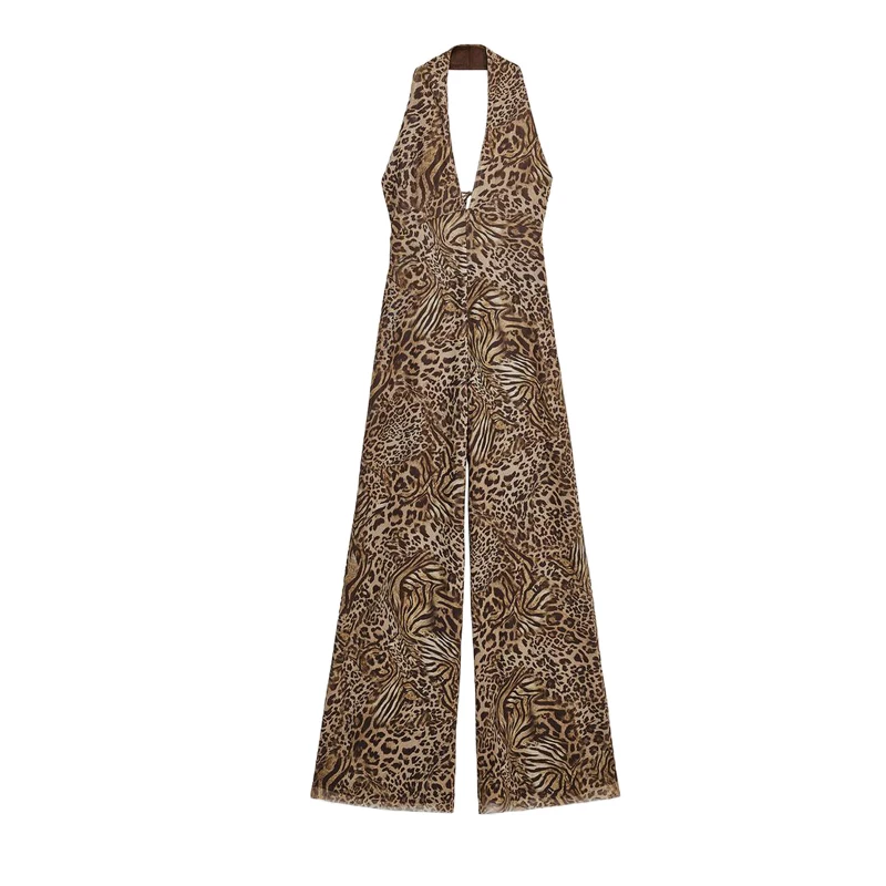 

Summer New Women's Long One-Piece Suit Bal Design Collar Hanging Ne Animal Print Silk Net High Waist Wide Leg Pants