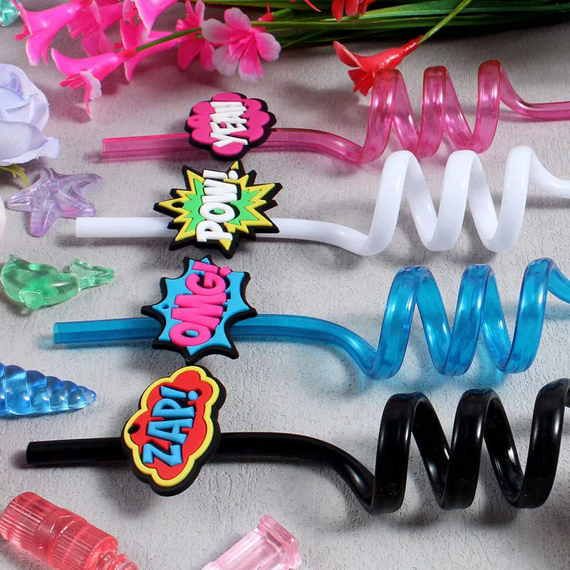 8pcs reusable spiral straws with decorative lids—a great party decoration for birthday parties and themed events