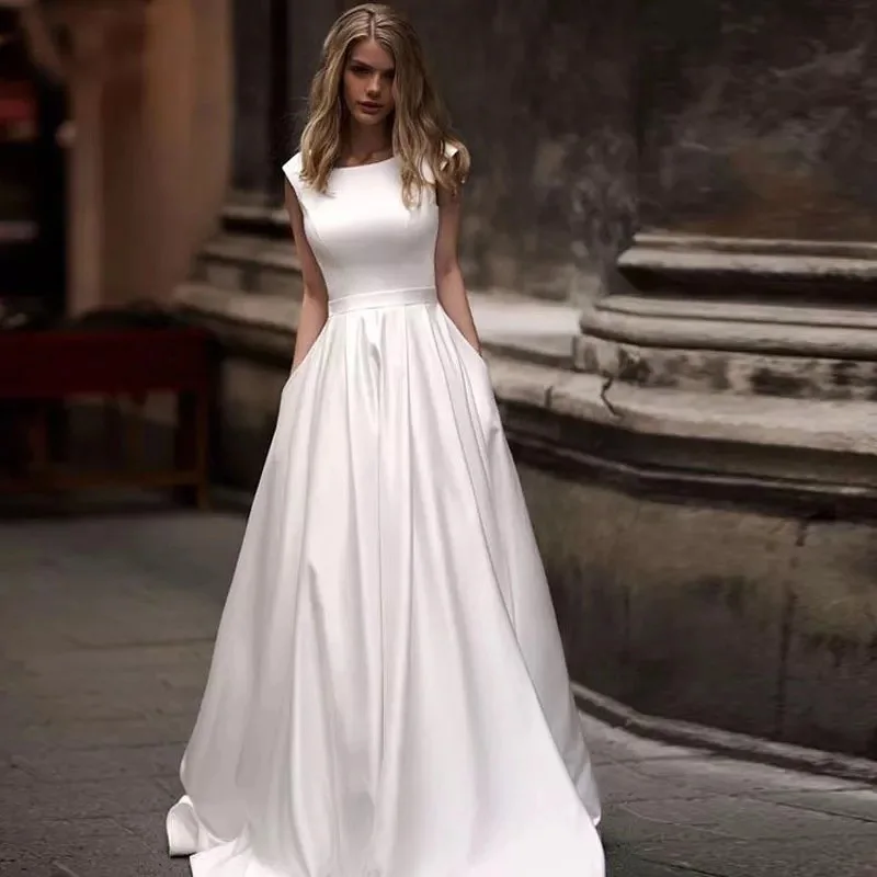 

VENSANAC O Neck Draped Satin A Line Wedding Dresses Sleeveless Sash Backless Sweep Train Bridal Gown