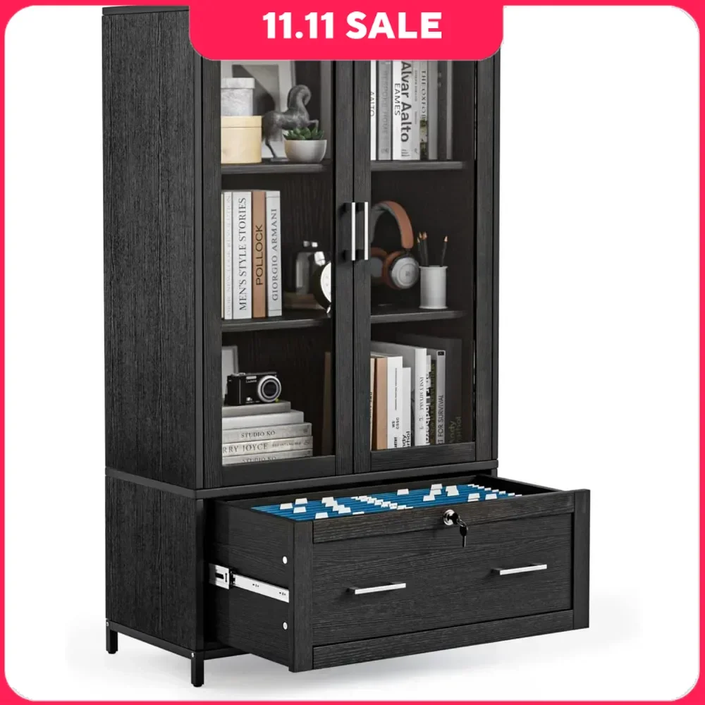 Lateral File Cabinet with Glass Doors and Locking Drawer, Hanging File Folders, Bookshelf with Adjustable Shelves, Office Cabine