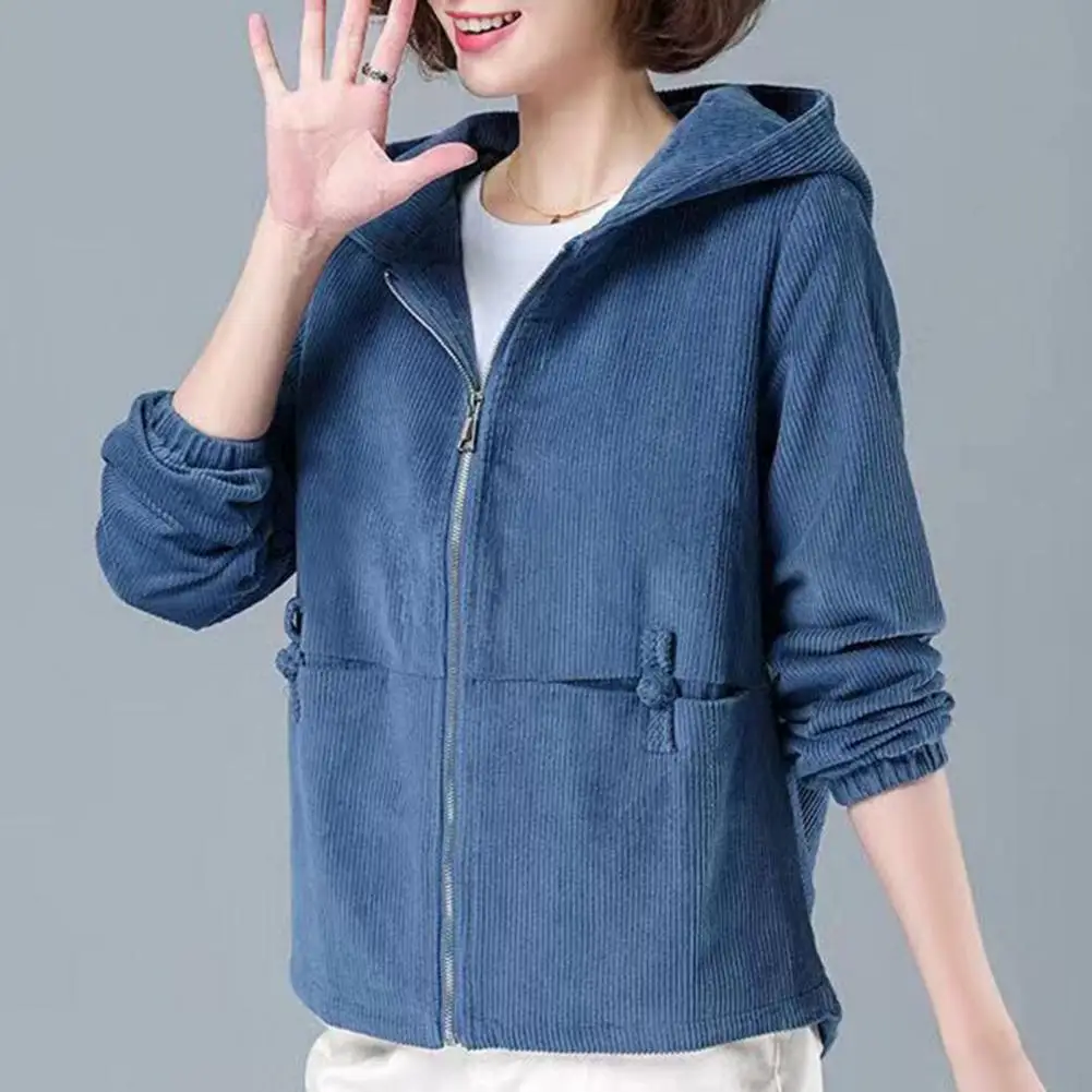 Women Corduroy Jacket Bowknot Decor Women Autumn Corduroy Hoodie Coat Simple Casual Short Sweatshirt Baseball Windbreaker