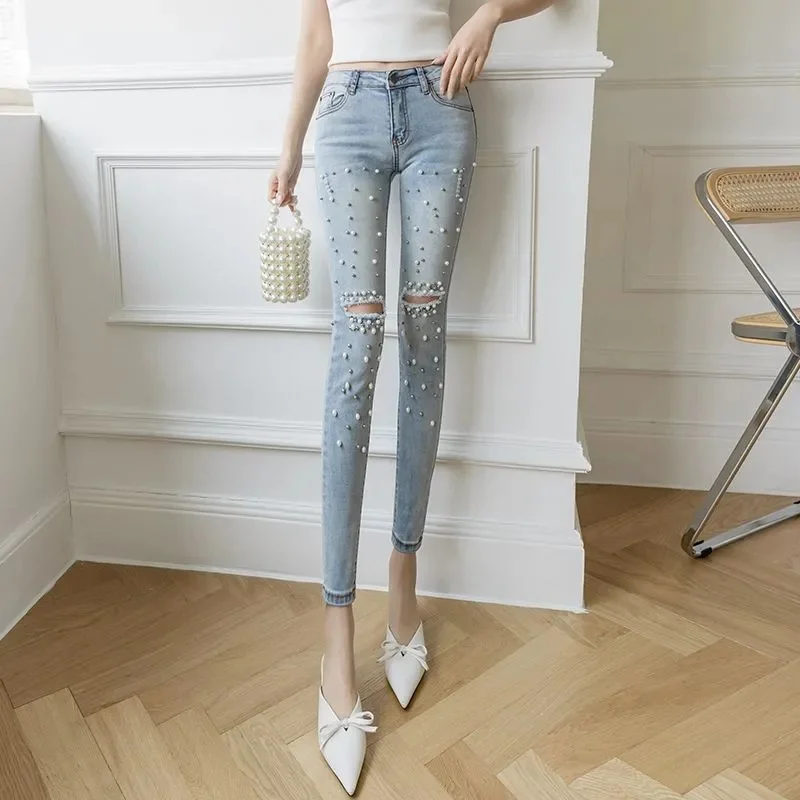 

Women's Jeans Spring 2026 New Style Women's Fashion Nail Bead Puncture Tight Nine Inch Ankle Pants Leggings Female Skinny Pants