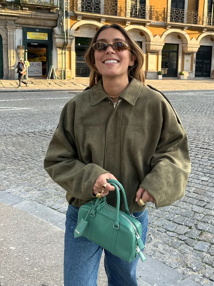 Chaqueta Bomber de gamuza a la moda con cremallera para mujer, abrigos Vintage de manga larga con cuello vuelto, ropa de abrigo corta elegante para mujer