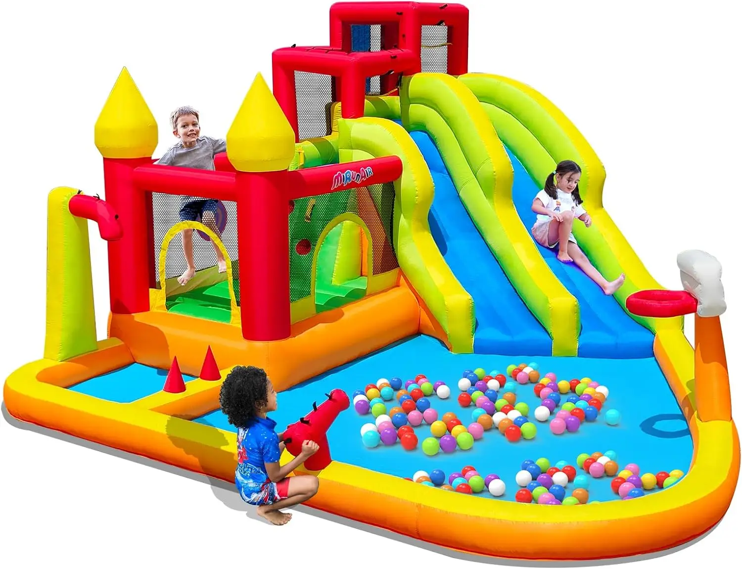 Inflatable Bounce House with Slides, Slide for Kids Backyard, Bounce Prak with Air Blower, Splash Pool, Water Cannon