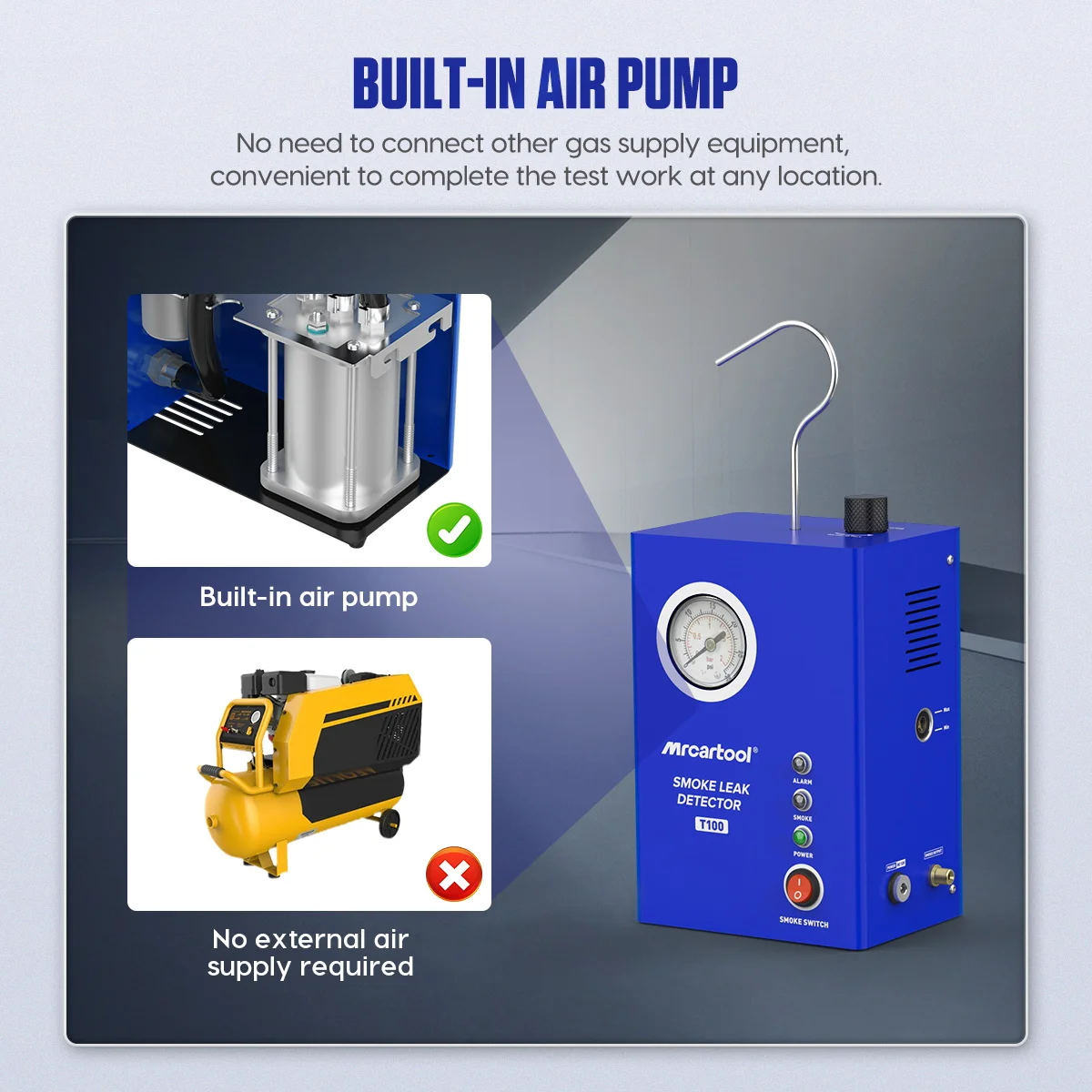 MR CARTOOL T100 محدد تسرب الأنابيب كاشف تسرب دخان السيارة مع أداة تشخيص المدمج في المضخة