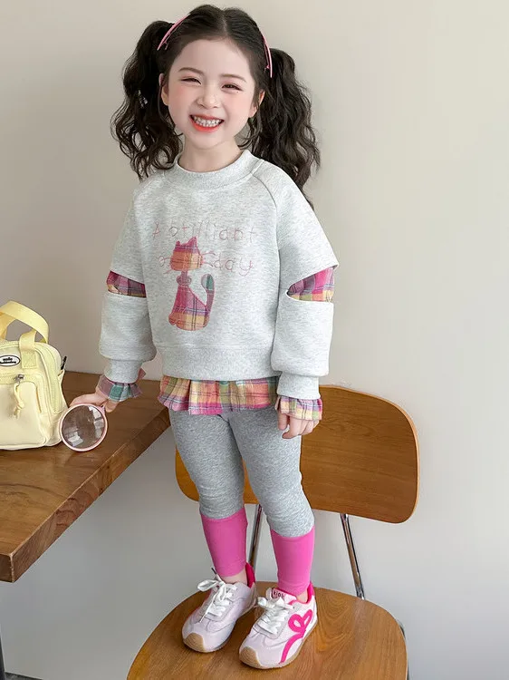 

Girls Cartoon Print Hoodie And Pants Set Spring 2026 Casual Sportswear Two-Piece Suit Elastic Waist Long Sve round Ne