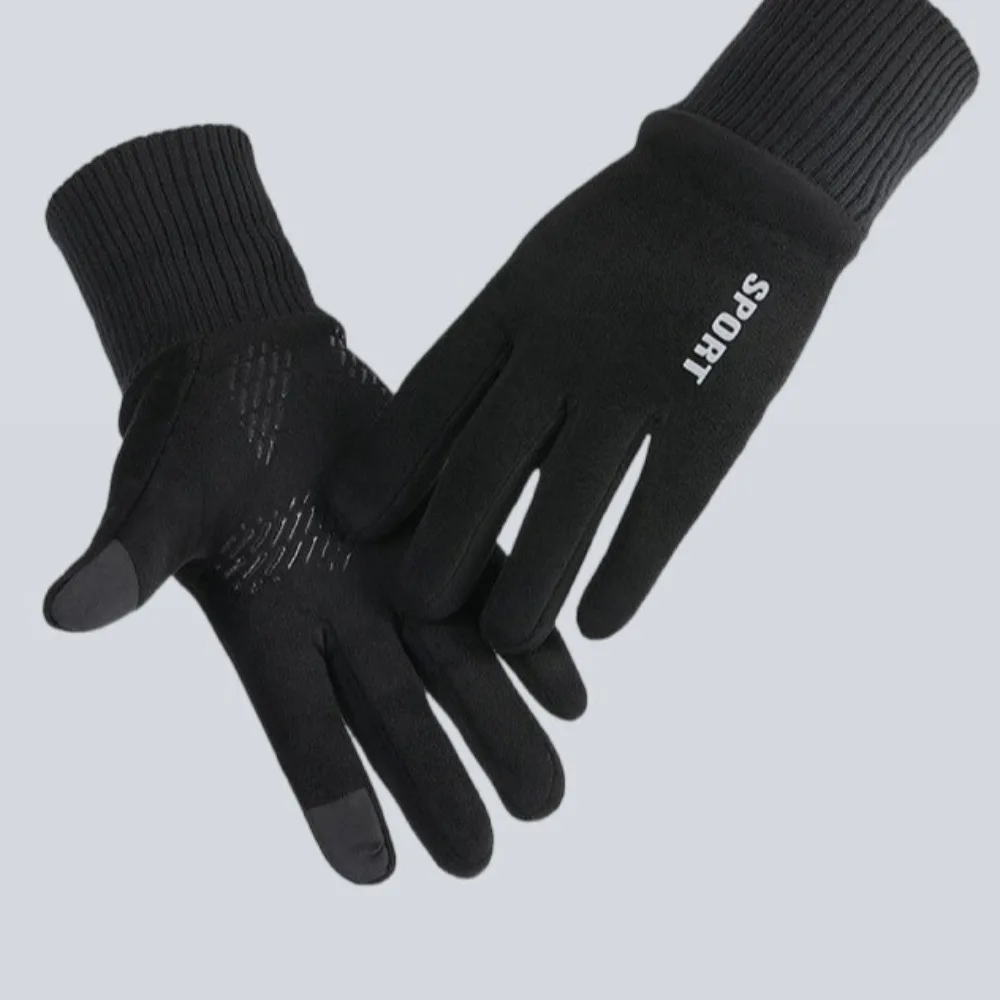 

Sports Touchscreen Suede Fabric Gloves Solid Color Thickened Men Cycling Gloves Warm Driving Full Finger Gloves Male