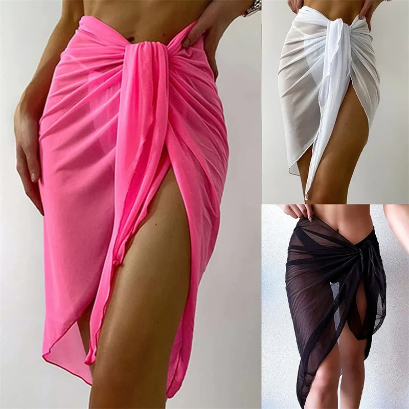 Sheer Wrap Knot Waist Swimsuit Cover Up Skirt Summer Beach Dress Wrap Bikini Wraps Scarf Swimwear Cover Ups Women Bikini Shawls