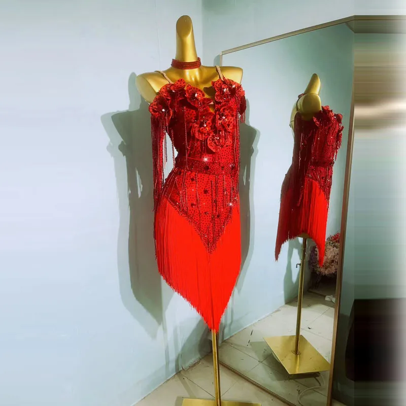 

Professional Red Latin Dance Luxury Tassel Long Sleeve Dress Competition Full Diamond Dress Sexy Women's Dance Hall Performance