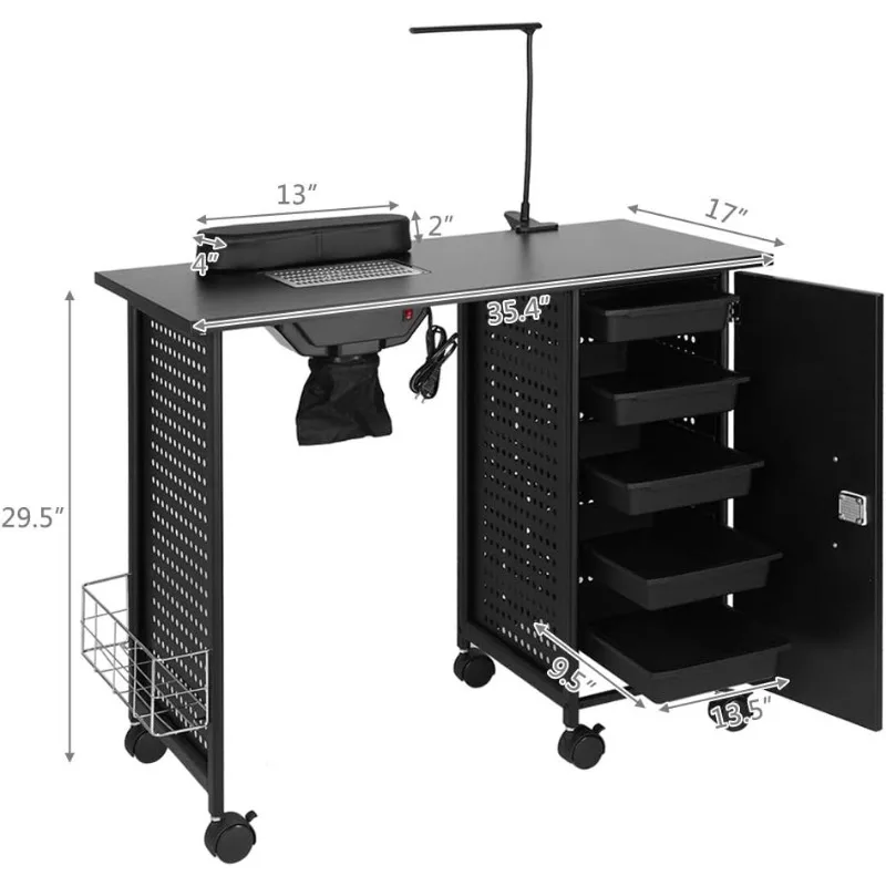 Manicure Table Iron Frame, Nail Beauty Spa Salon Desk Workstation with Electric Downdraft Vent, Wrist Rest, Cabinet