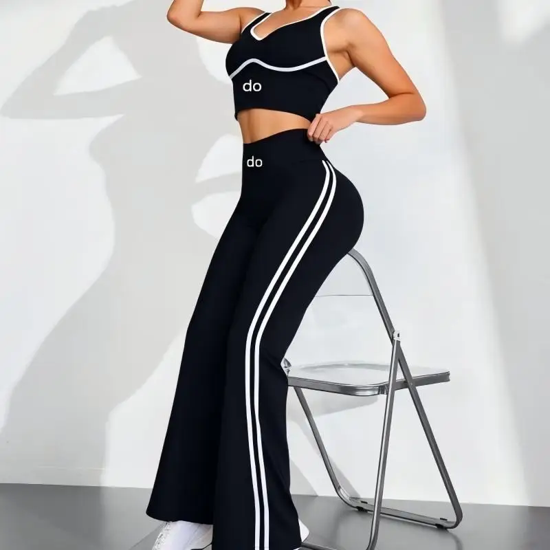 Fixed Cup 3D Sports Underwear Tank Top - Medium to Long Micro Pull Slimming Hip Lifting Side Striped Yoga Pants Set