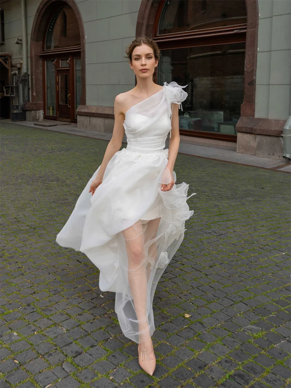 

Kyoto Customize Ivory 3D Flower Appliques Wedding Dress One Shoulder Side Slit vestidos de novia Sweep Train Formal Evening 2025