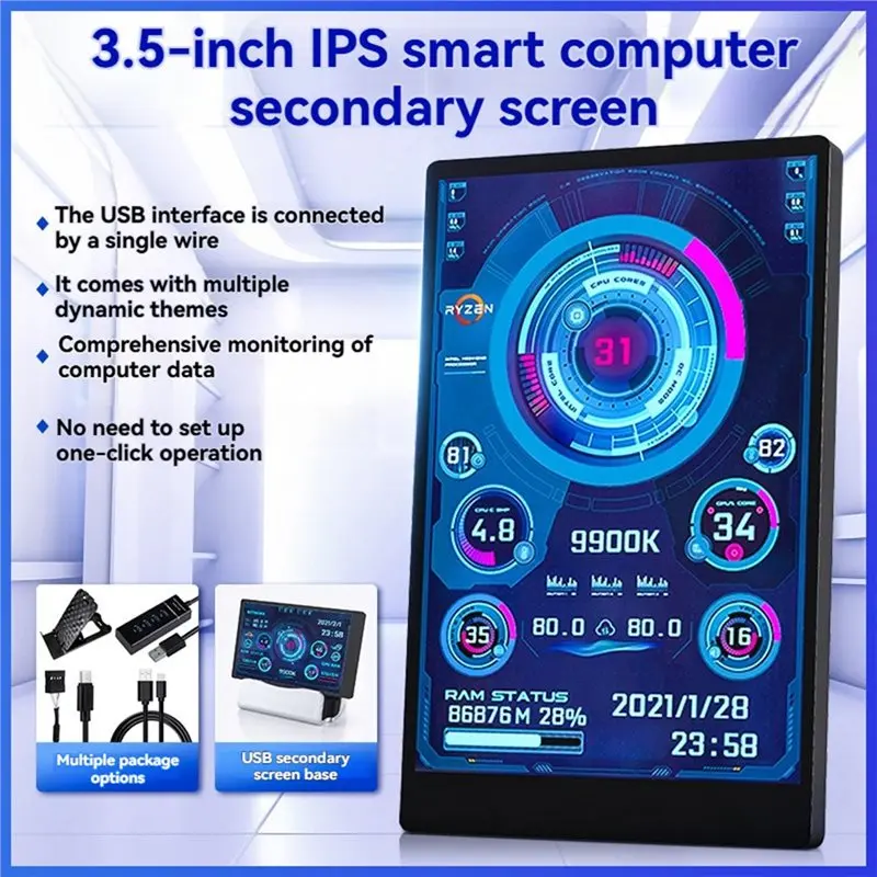 N36R-AIDA64 3.5 Inch IPS Mini Screen With 4-Port USB HUB For Computer CPU GPU RAM HDD Data Monitor Type-C LCD Monitor A