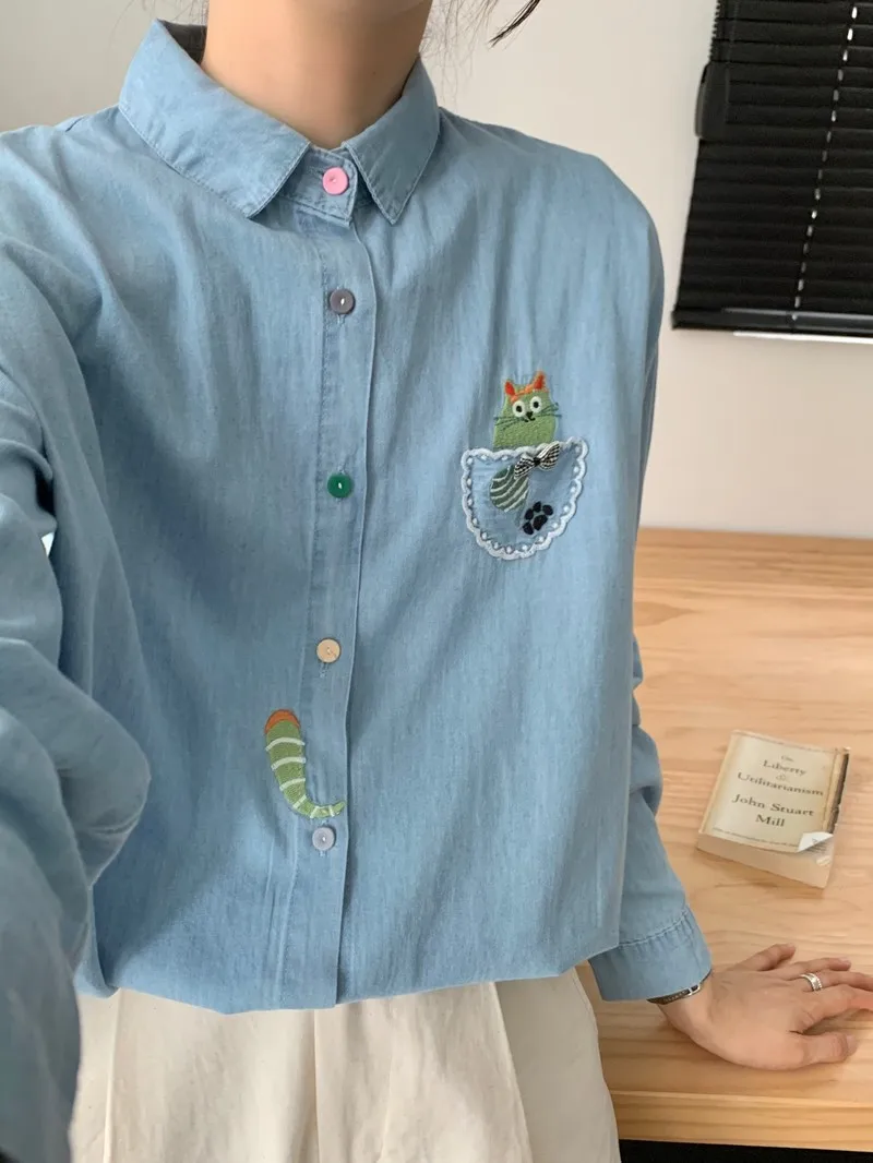 

Fall clothes 2024 women spring Japanese style kawaii cat embroider blue denim shirts jean blouses women's long sleeve top