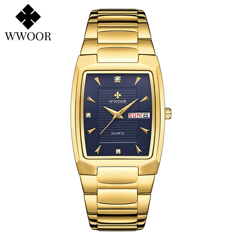 Wwoor 2021 New Square Watch Men With Automatic Week Date Luxury Stainless Steel Gold Mens Quartz Wrist Watches Relogio Masculino