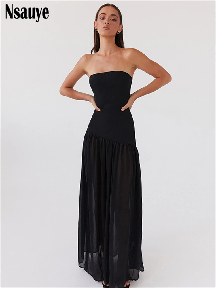 Nsauye High Split Strapless Backless Slim Long Dresses For Women Clothes 2024 Autumn Summer New Sleeveless Party Tube Maxi Dress