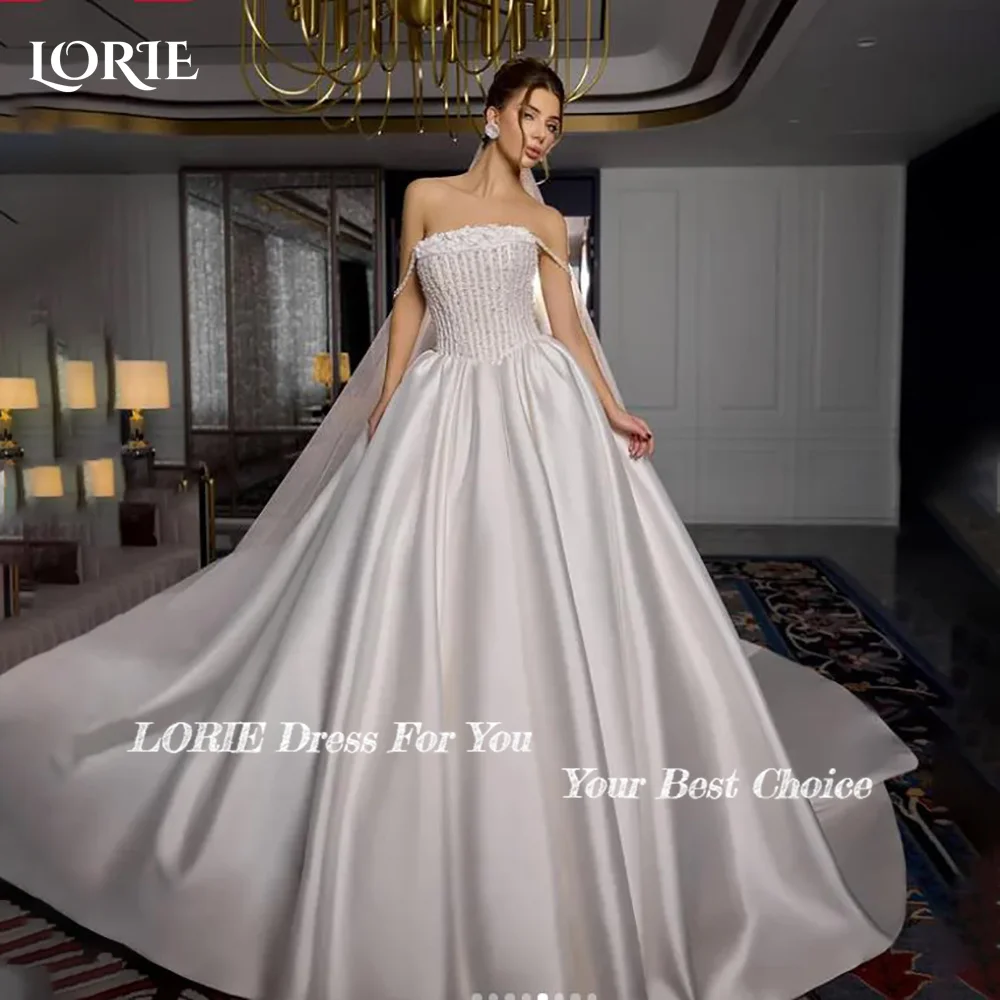 Lorie vestidos de casamento vintage fora do ombro pérolas cetim brilhante a linha marfim espartilho vestido de noiva princesa vestido de noiva personalizado