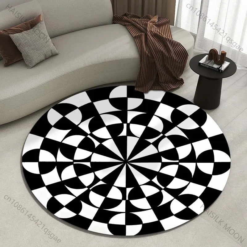 Black and white geometric symmetrical Printed round carpet living room sofa table large pet mat soft round carpet home decor