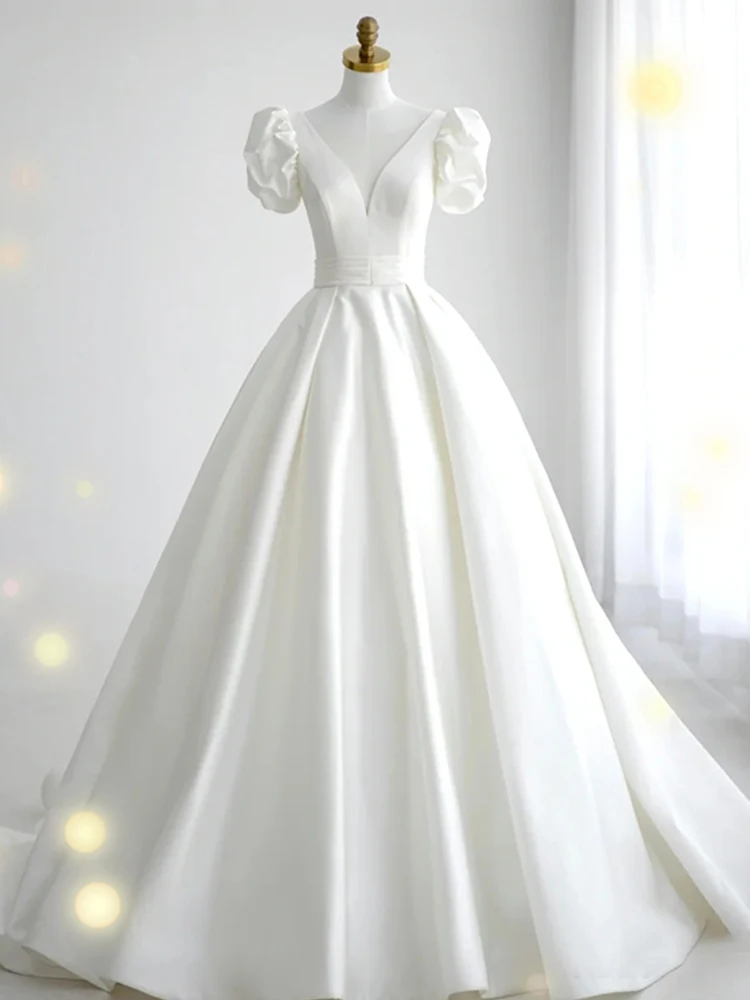 Customized Satin Wedding Dress Bridal Dress V-neck  Vestidos De Novia Lace Up Ball Gowns Plus Size Wedding Dresses