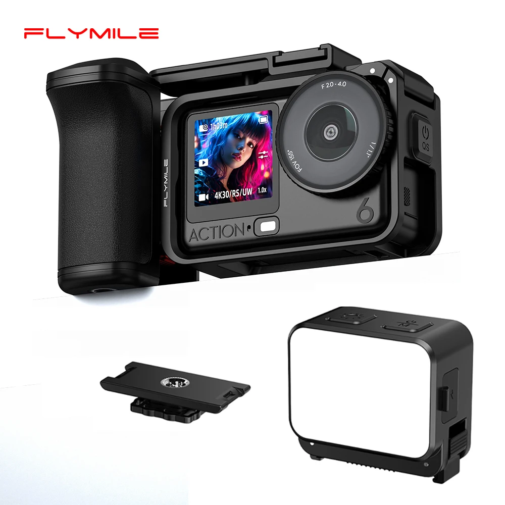

Flymile Grip Kit for DJI Action 6 with Cage Handle Holder Expansion Mount Shutter Button Fill Light Photography Accessories