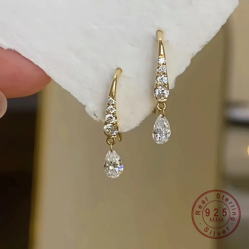 

925 Sterling Silver French Water Drop Shining CZ Earrings for Women Teens Girl Party Gift