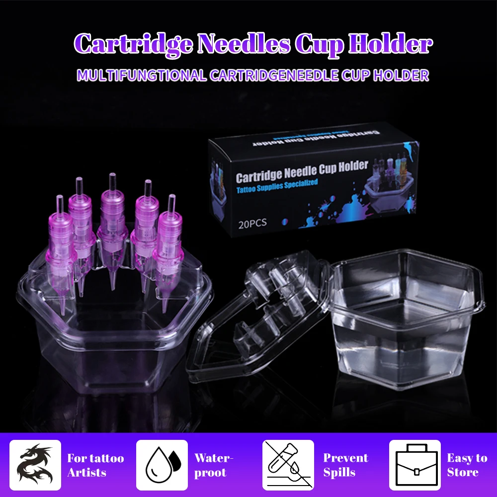 Hexagon Disposable Tattoo Needle Cartridge Holder, Plastic Ink Cleaning Cup Stand, 20Pcs