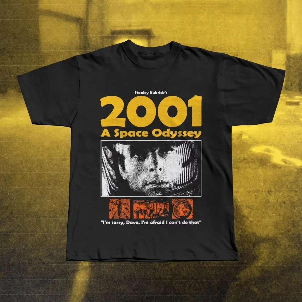 Black Yellow Retro Astronaut Space Collage Graphic Tee Big Block Sci-fi Movie Header Chest Oversized Street Tops