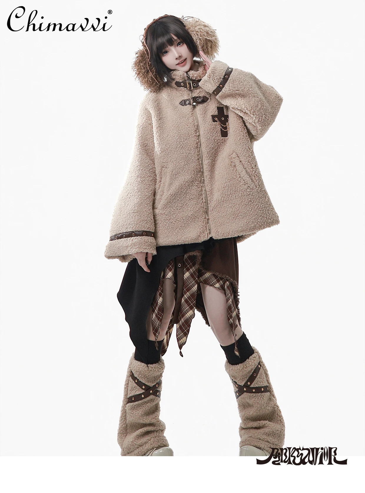 Japanese Style Coffee Color Silver Fox Fur Lamb Wool Coat Winter New Fashion Long Sleeve T-Shirt Top Skirt Set Women's Warm Set