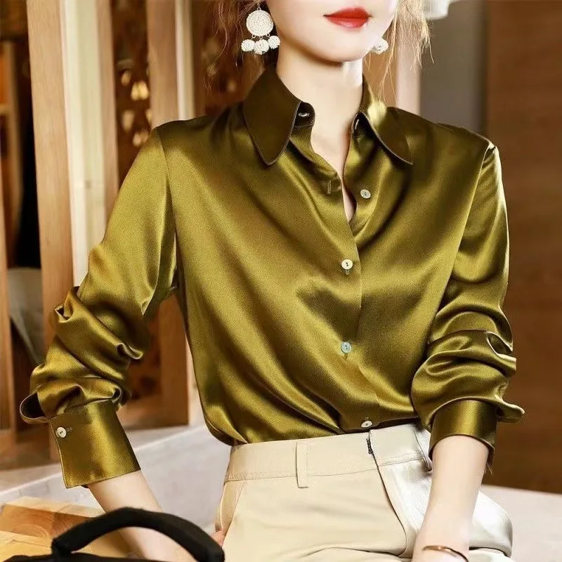 Fashion Button Up Satin Silk Shirt Vintage Blouse Women Tops Lady Long Sleeves Loose Street Shirts Female Elegant Office Blusa