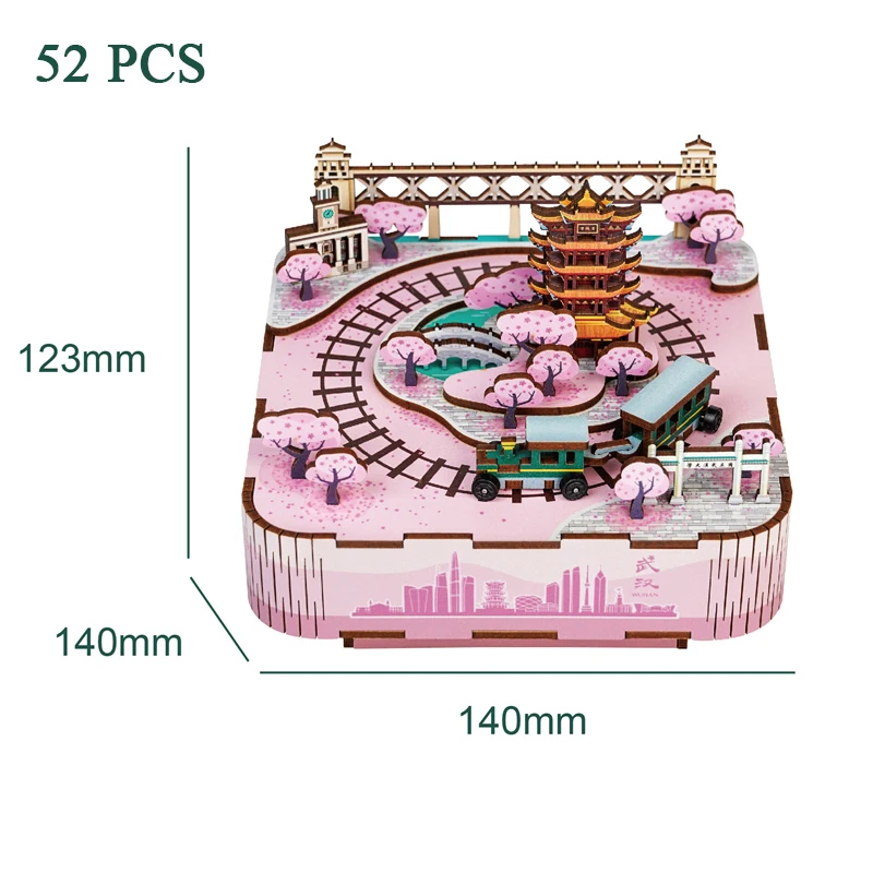 DIY 3D Drewniana pozytywka Wuhan's Cherry Blossom Miniaturowe zestawy modeli Puzzle ze światłem może poruszać dla przyjaciela Prezenty urodzinowe