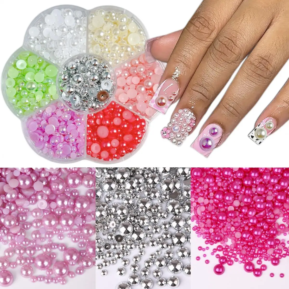 1Box Multiple Colored Simulated Half Round Pearl Resin Nail Art Decorations Mini Flat bottomed Artificial Pearl Nail Charms DIY