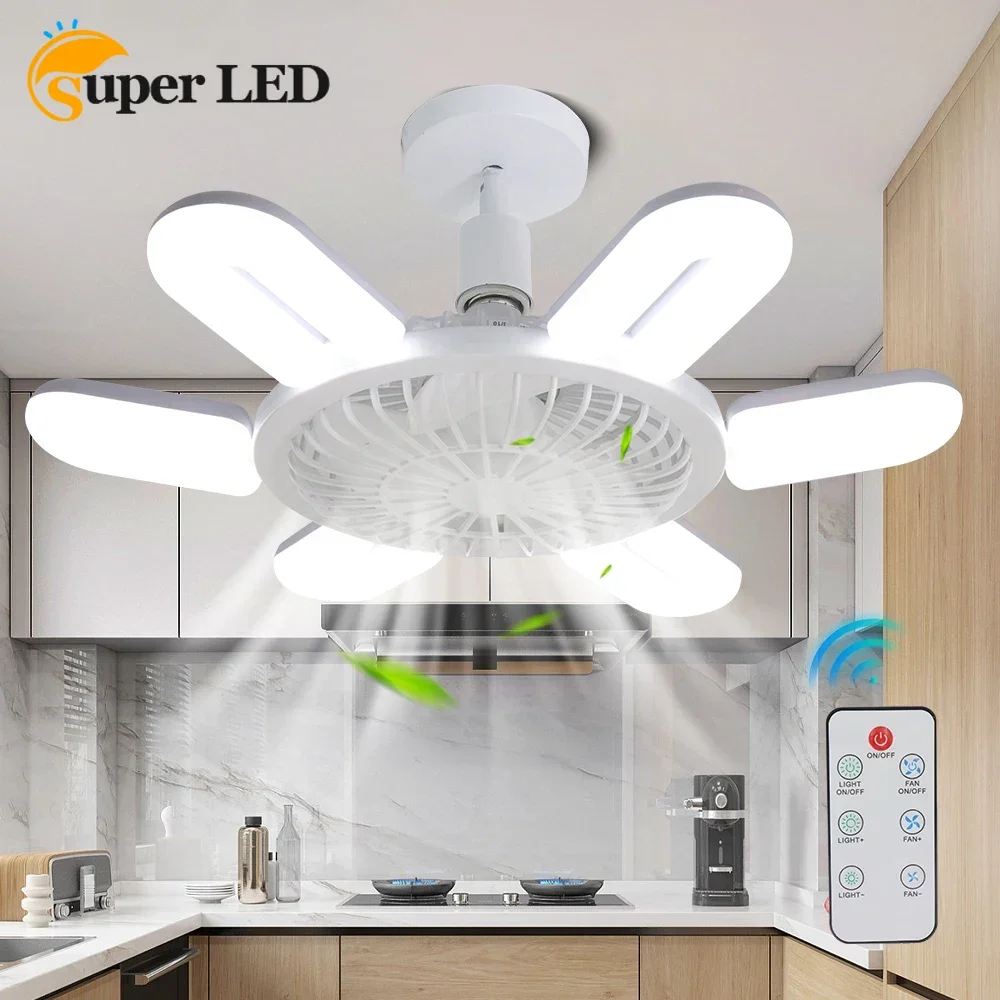 Portable Lamp Fan Dimmable Wind Speeds Remote Control Base Enclosed E27 Ceiling Fan for Bedroom Kitchen