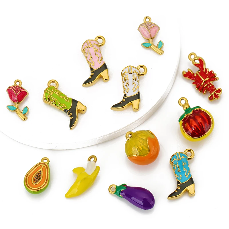 3pcs Stainless Steel Enamel Flower Eggplant Banana Fruit Series Charm Pendants for DIY Necklace Earrings Jewelry Making Supplies