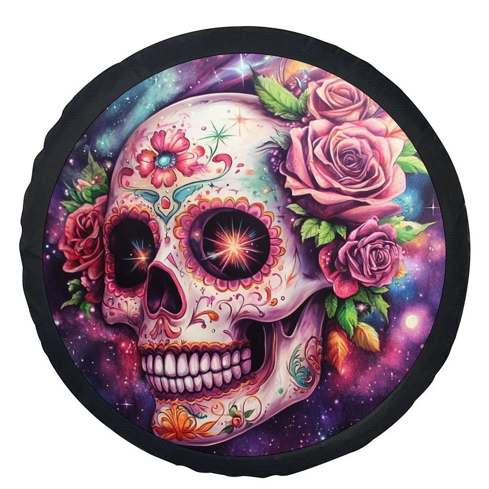 1pc Mexican Day Of The Dead Sugar Skull Wheel Cover - Color-Changing (Purple/Blue/Pink) Glossy Car Tire With Black Frame, Día De